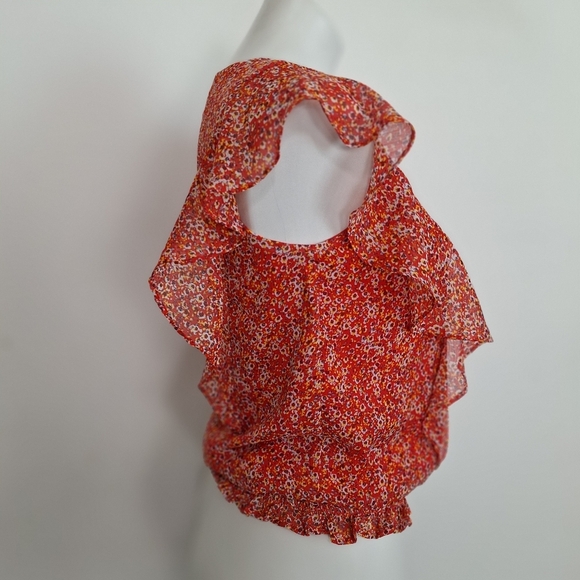 CeCe Red Ditsy Floral Ruffle Flutter Sleeve Blouse Size  XS - Picture 6 of 10